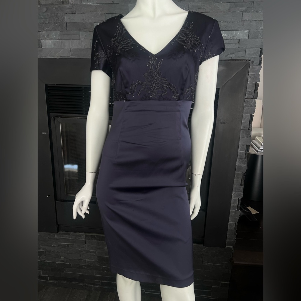 Navy Elegant Dress Small Lace Top Cocktail Dress Knee Length Formal Office Dress